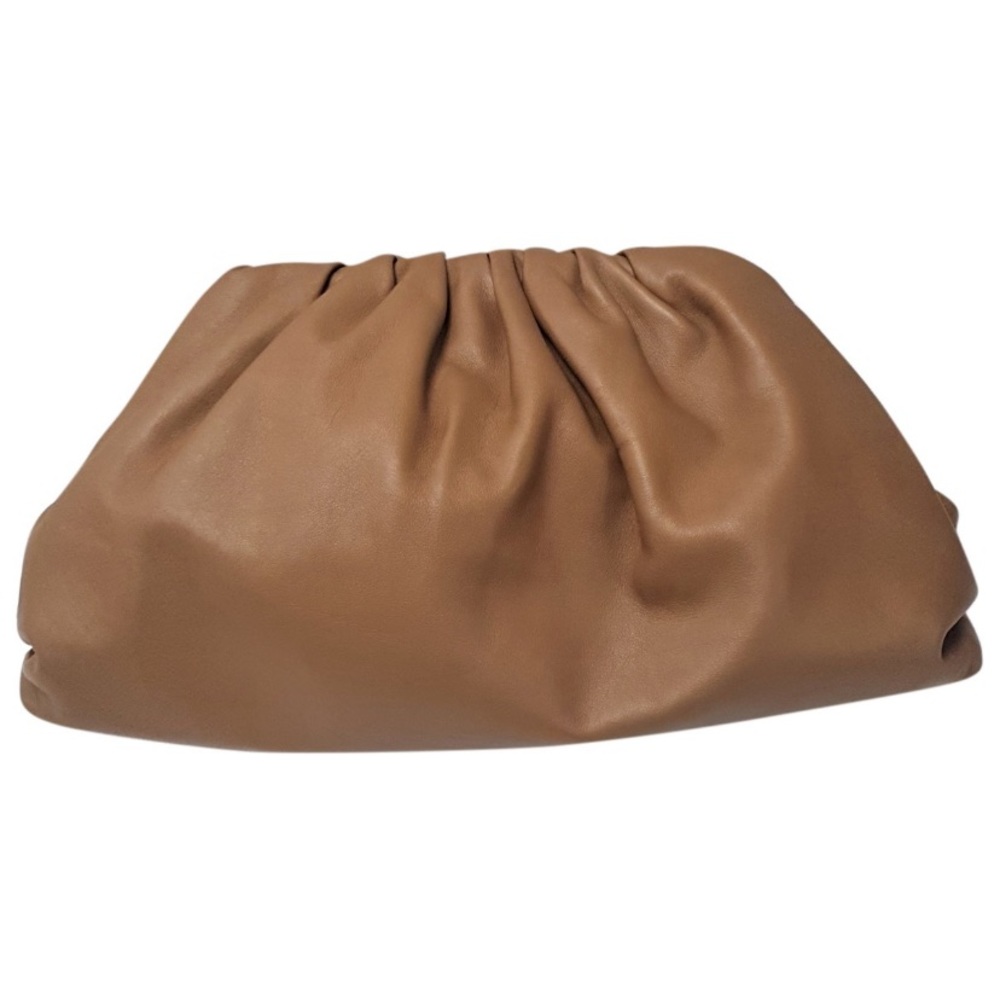AUTH Bottega Veneta Camel Pouch Large Clutch Cloud Dumpling Calfskin Leather BV